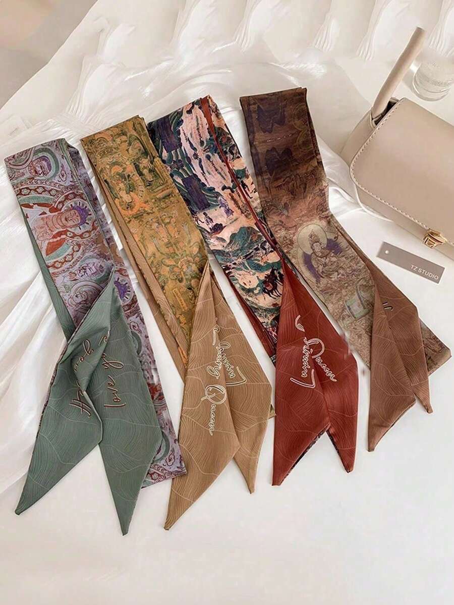 Bộ 4 khăn lụa in hình Phật cổ điển Trung Quốc, băng đô cài tóc kiểu Zen thanh lịch, khăn lụa mỏng đa năng 90x6cm dùng để buộc tóc và trang trí túi xách. - Nhiều màu - Xem 1