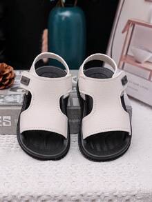 1 Pair Unisex New PU Hook And Loop Design Flat Cute Sandals, Non-Slip Toddler First Walking Shoes, Children Beach Shoes Suitable For Summer - Beige - View 4