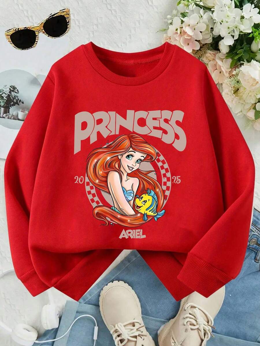 This Disney Girls' Sweatshirt Features A Creative Ariel Princess Letter And Cartoon Print. It's A Round Neck Sweatshirt Perfect For Autumn And Winter, Made Of Soft And Comfortable Fabric, Suitable For Everyday Wear, Shopping, School, And Casual Occasions. It Also Makes A Wonderful Gift. - Red - View 1