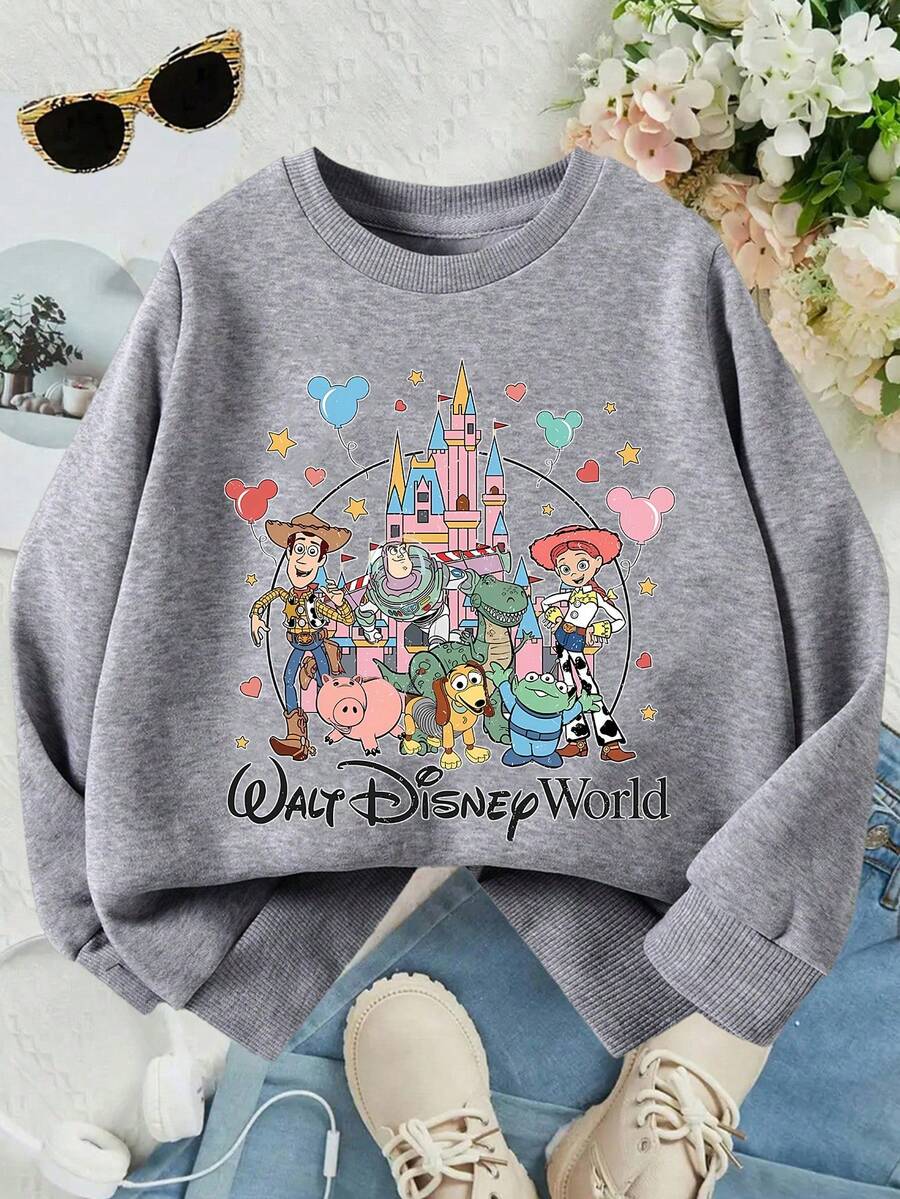 This Disney Girls' Sweatshirt Features A Creative Toy Story Letter And Cartoon Print. It's A Crew Neck Sweatshirt Perfect For Autumn And Winter, Made Of Soft And Comfortable Fabric, Suitable For Everyday Wear, Shopping, School, And Casual Occasions. It Also Makes A Wonderful Gift. - Xám - Xem 1