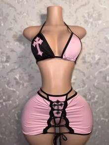 Stylish And Comfortable Sexy Babes Bikini Skirt Three-Piece Set - Pink - View 1