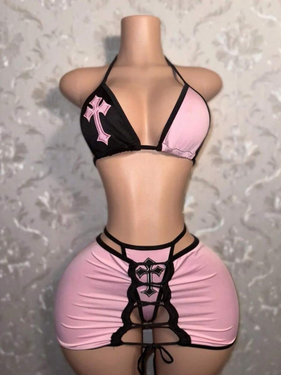 Stylish And Comfortable Sexy Babes Bikini Skirt Three-Piece Set - Pink - View 1