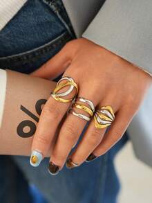 Frminee 3 PCS / 1 PC Stainless Steel Geometric Line Wide Ring 18K Gold Plated Metal Layered Waterproof Daily Simple Stylish Golden Jewelry For Women - Gold and Silver - View 2