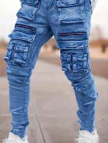 Jeans de corte slim con múltiples bolsillos elásticos de moda urbana para hombre - Azul lavado medio - Ver 5