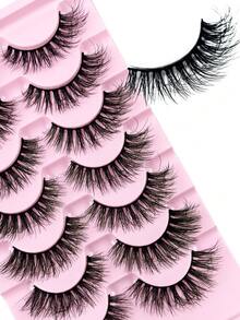 7 Pairs Fluffy Long False Eyelashes Black Band Faux Mink Lashes Cat Eye Lashes Manga Lashes Thick Soft Winged End Eye Elongated Eyelashes False Eyelashes, Strip Eyelashes - Black - View 8