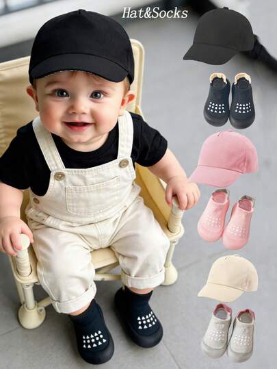 1SET Baby Baseball Hat& Socks Baby Toddler Solid Baseball Caps Snapback Hat Girls Boys Adjustable Infant Sport Cap Suitable For Home