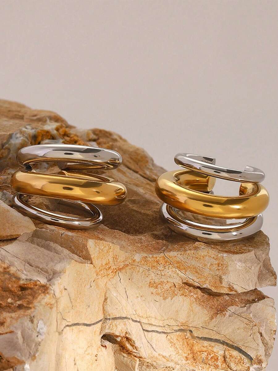 1 Set 2-Tone Gold & Silver Multi-Layer Ear Cuff Earrings, No Piercing Required, Stainless Steel Material, Minimalist & Elegant, Suitable For Daily Wear And Party Looks - Multicolor - View 1