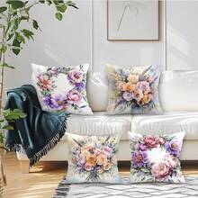 4 件装水彩花卉图案单面印花抱枕套，装饰枕套，适用于客厅、沙发、卧室，不含枕芯 - 彩色 - 查看 9