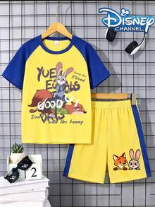 Disney Zootopia Judy & Nick Kids Sports Set, Boys Summer Short Sleeve T-Shirt & Shorts 2-Piece, Cartoon Casual Activewear - Blue-yellow - View 10