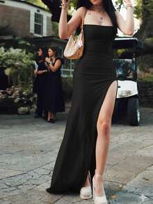 Women's Long Black Dress In Spandex With Open Back, Cross-Braided Detail, Adjustable Tie, Summer Fashion 2026 - Black - View 1