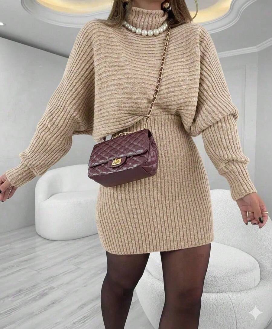 Mayra Women's Knit Set With Batwing Sleeves And Short Skirt In Mousse - Cát - Xem 1