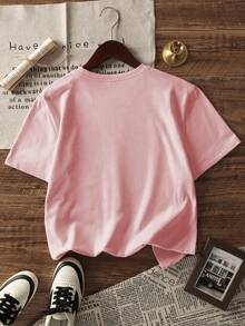 1pc Girls' Pink Short Sleeve T-Shirt, Graffiti Heart & Star Print, Stylish Casual Street Style Summer Top - Pink - View 4