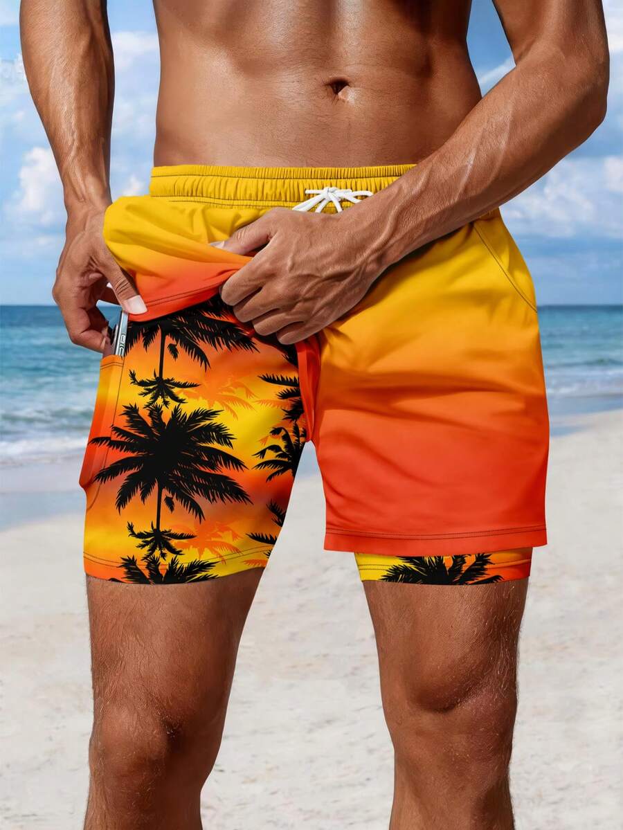 Quần short đi biển nam in họa tiết hoàng hôn và cây cọ chuyển màu, quần short hai lớp nam, quần đi biển kiểu dáng nghỉ mát dành cho nam. - Nhiều màu - Xem 1