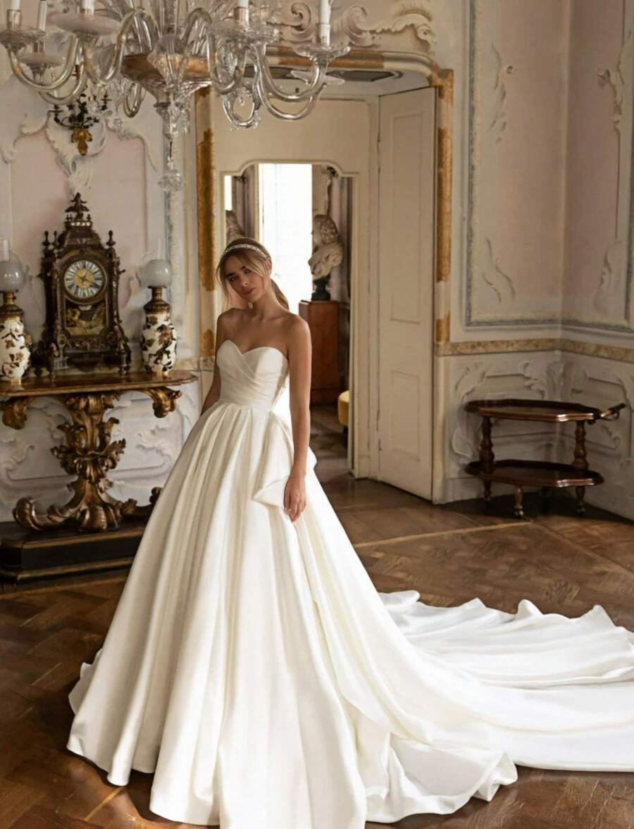 Elegant Strapless Sweetheart Wedding Gown In Classic White Featuring A Chic Open Back And Graceful A-Line Floor-Length Silhouette – Timeless Bridal Dress With Flowing Elegance, Perfect For Weddings, Christmas Celebrations, Halloween Balls, Holiday Parties, Prom Evenings, Birthday Events, And Special Occasions. Suitable As A Bridal Dress, Evening Gown, Formal Party Attire, Vacation Outfit, Dinner Ensemble, Graduation Dance Dress, Cocktail Party Dress, Bridesmaid Gown, Wedding Guest Attire, Anniversary Gown, Engagement Party Dress, New Year's Eve Gala Dress, And Festive Celebration Ensemble. Designed With A Flattering Sweetheart Neckline And Alluring Backless Detail For A Dreamy, Feminine Look That Embodies Timeless Celebration. - 白色 - 查看 1