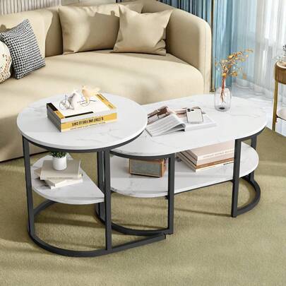 Set di 2 tavolini impilabili, tavolino ovale rotondo in marmo con spazio di archiviazione, struttura in metallo, tavolo da soggiorno moderno, tavolino da caffè, tavolino laterale per soggiorno, camera da letto, balcone, ufficio