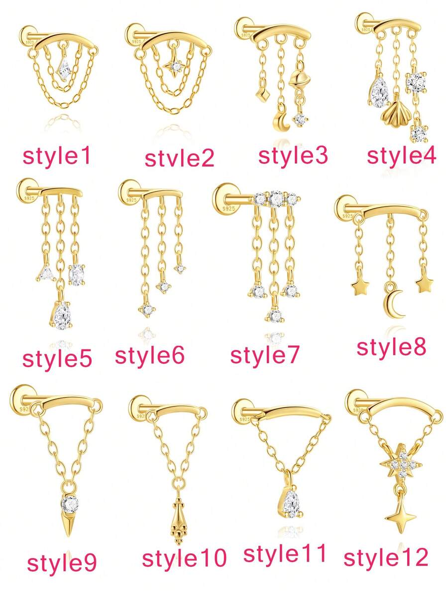 EleRunis 1件925纯银流苏星形不对称月亮耳钉，平底耳骨耳廓穿孔饰品，适合女性日常佩戴，也适合婚礼、派对、订婚、周年纪念、情人节等场合。 - 金色 - 查看 1