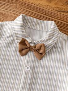 3pcs Baby Boys' Summer Casual Striped Polo Shirt, Bib Shorts, And Bow Tie Gentleman Outfit - Brown - View 3