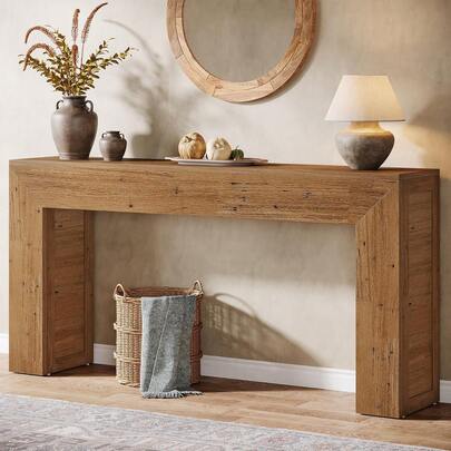 LITTLE TREE 160cm Extra Long Narrow Farmhouse Wood Console Table, Sofa Side Table For Living Room Entryway Hallway, Light Brown