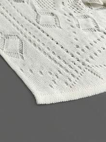 Women's Loose Fit V-Neck Hollow Out Knitted Sweater With Diamond Pattern, Versatile - Beige - View 7