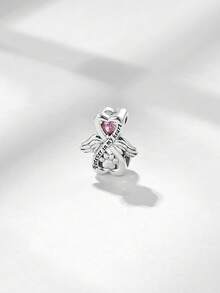 1件 S925 純銀天使之翼心形爪印珠，粉色鋯石刻字「Forever In My Heart」寵物紀念 DIY 手鍊大孔銀珠 - 銀色 - 查看 3