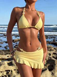 3件套女士新款夏季套装 - 优雅复古性感浪漫水钻装饰沙滩裙迷你裙比基尼，健身服，Y2K风格都市海滩度假音乐节泳装SS26夏季比基尼泳装度假 - 黃色 - 查看 10