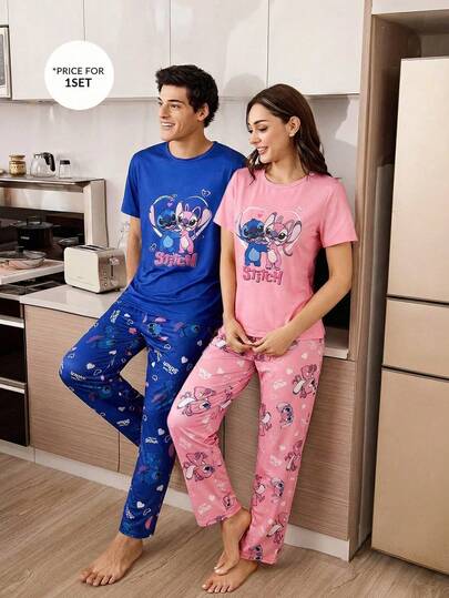 Disney 2 piezas Conjunto de pijama para pareja de San Valentín, Conjunto de 2 piezas de ropa de dormir de mujer de manga corta suave, Ropa de casa cómoda y casual