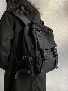 Classic Casual Minimalist Style Backpack, Solid Color Design, Fashion Versatile, Large Capacity Multi-Pocket, Adjustable Shoulder Strap, Suitable For Outdoor Sports, Travel, Commuting, Student, Shopping And Other Occasions, An Ideal Schoolbag. - 黑色 - 查看 8