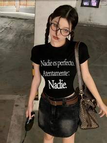 Áo thun nữ cổ tròn tay ngắn kiểu Mỹ, in chữ thời trang mùa hè, dáng ôm vừa vặn, đa năng. - màu đen - Xem 1