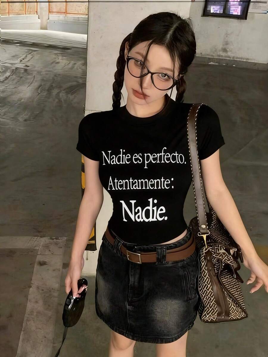 Áo thun nữ cổ tròn tay ngắn kiểu Mỹ, in chữ thời trang mùa hè, dáng ôm vừa vặn, đa năng. - màu đen - Xem 1