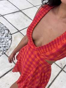 Đầm nữ không tay cổ chữ V kẻ caro dáng chữ A, đầm đi nghỉ mát thường ngày, đầm thanh lịch mùa xuân/hè. - Nhiều màu - Xem 2