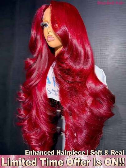 34 Inch 200% Density Brazilian Virgin Body Wave Lace Frontal Wigs Glueless - 13x4 Loose Wave HD Transparent Pre Bleached Pre Pulling Pre Ironing Lace Front Wigs #BUG Wine Red Color Middle Part Wigs Frontal Glueless - Invisible Hairline Lace Closure Wigs Suitable For All People Easily To Wear - Human Frontal Hair Wigs Glueless Weaves Wigs For Women Daily Use Blended Hair