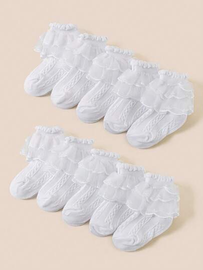 5 Pairs Spring/Summer Women/Baby Socks, Classic White Fashion Breathable Ruffled Lace Trim Princess Socks, Skin-Friendly Soft Comfortable Casual Versatile Round Neck Socks, Suitable For Back To School, Holiday Gifts, Stage Performance, Daily Wear, Matching Princess Dresses