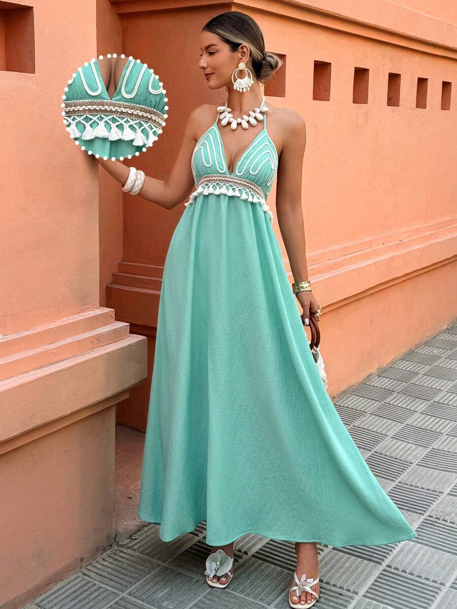 Women's Embroidered Floral Trim Spaghetti Strap A-Line Dress, Casual Vacation Fashion Dress, Spring/Summer - Turquoise - View 1