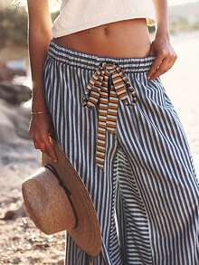 Women's High Waist Drawstring Stripe Wide Leg Pants-Loose Casual Lounge Palazzo Trousers With Pockets Y2K Comfy - Màu xanh lam - Xem 4