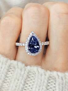 1pc Fashionable Cubic Zirconia Ring, Women's Wedding Engagement Party Jewelry, Valentine's Day Gift - Royal Blue - View 6