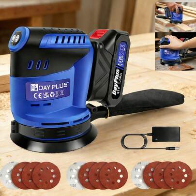 Bowose Cordless Random Orbital Sander With Battery And Charger, Powerful Brushless Electric Random Orbital 320W Portable Lightweight Sanding Machine For Walls, 3 Variable Speeds, Up To 11000 RPM, With 12 Sandpapers And Dust Bag For Sanding, Polishing Metal Wood