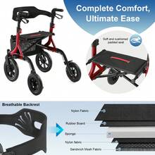 WALK MATE Walkers For Seniors, Rollator Walker With Seat, 12" Big Rubber Wheels All Terrain Rollator Walker With Backrest, Built-In Cable, Cup Holder, Foldable And Height Adjustment For Seniors, Red - View 5