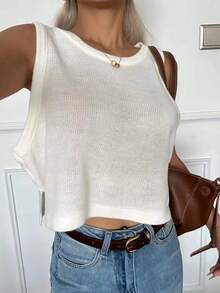 Camiseta de tirantes corta y de cuello redondo para mujer, de estilo minimalista básico de verano, de tela de punto transpirable, de unicolor, con ajuste relajado, de estilo casual, adecuada para uso diario, playa y viajes - Blanco - Ver 3