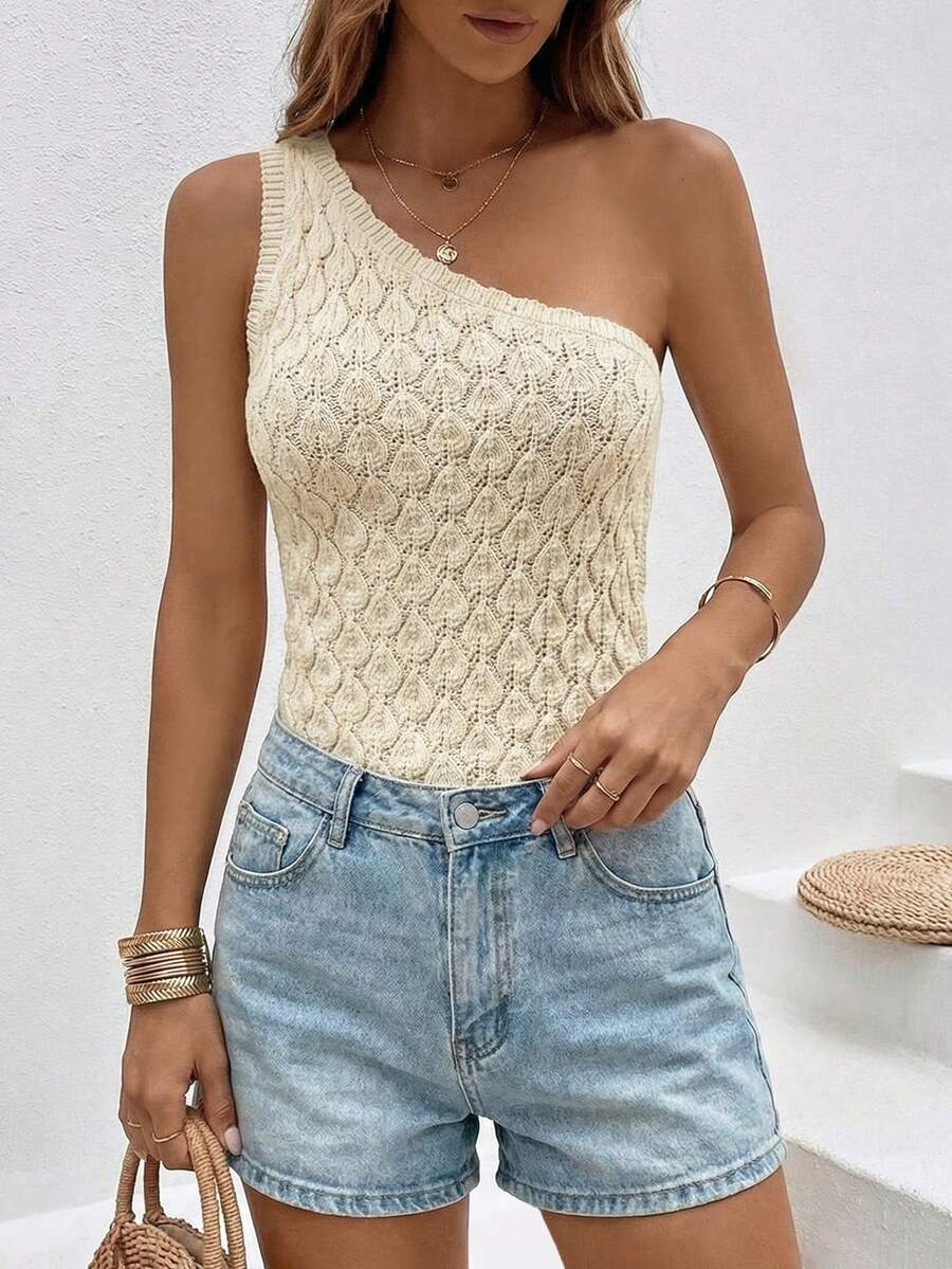 女士休闲性感沙滩度假露肩不对称开衩修身针织吊带背心，适合秋季返校穿着 - 杏色 - 查看 1