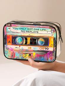 Nuevo bolso cosmético de PVC con patrón de casete retro, tema "Solo se vive una vez, no se puede volver a hacer", organizador de viaje con cremallera de PVC, ligero y resistente a la decoloración, adecuado para el maquillaje y los artículos de tocador de mujeres y niñas, fácil de limpiar, diseño estético de moda, aplicable para viajes, vacaciones, vuelta al colegio y otras ocasiones, bolsa de aseo, bolsa de viaje, bolsa de ducha, bolsa impermeable, gran capacidad, cubos de embalaje, artículos de viaje esenciales para mujeres, artículos esenciales para cruceros, artículos esenciales para vacaciones, artículos de viaje - Multicolor - Ver 6