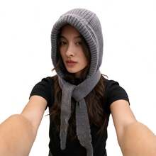 Womens Hat With Scarf Attached Stylish Solid Color Ribbed Trim Warm Knitted Hat For Winter - Grey - View 5
