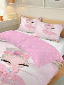 2/3 piezas Juego de ropa de cama textil para el hogar con estampado de niña bailarina rosa, hecho de material de poliéster, edredón sobrecama de impresión grande y reversible, suave, regalo para niños y adolescentes, niños y niñas, decoración de habitación para todas las estaciones con cremallera - Multicolor - Ver 3