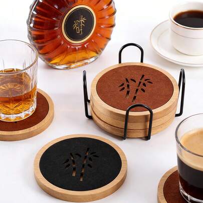 酒吧用竹制杯垫套装，带收纳架，2个/4包/6个装，吸水杯垫，适用于咖啡饮品，双层耐热，黑色/现代棕色/灰色装饰礼品