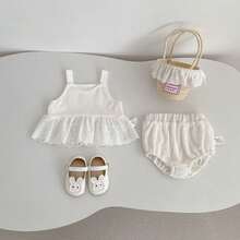 Summer New Baby Clothes, Fashionable Baby Girl Lace Shoulder Top + Bubble Shorts, Cute Versatile 2 Pieces Set - White - View 2