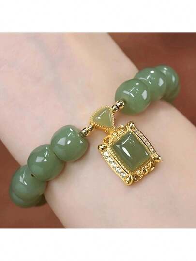 A Green Imitation Jade Bead Bracelet Elegant Hand Ornament With Chinese Style