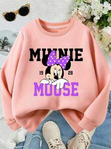 This Disney Girls' Sweatshirt Features A Creative Minnie Mouse Letter And Cartoon Print. It's A Round Neck Sweatshirt Perfect For Autumn And Winter, Made Of Soft And Comfortable Fabric, Suitable For Everyday Wear, Shopping, School, And Casual Occasions. It Also Makes A Wonderful Gift. - 粉色 - 查看 1