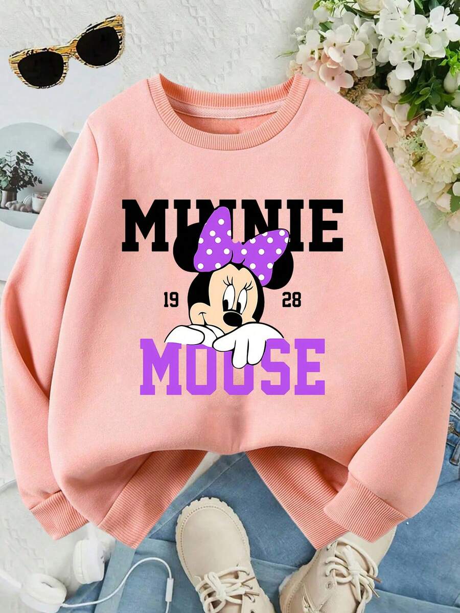 This Disney Girls' Sweatshirt Features A Creative Minnie Mouse Letter And Cartoon Print. It's A Round Neck Sweatshirt Perfect For Autumn And Winter, Made Of Soft And Comfortable Fabric, Suitable For Everyday Wear, Shopping, School, And Casual Occasions. It Also Makes A Wonderful Gift. - 粉色 - 查看 1