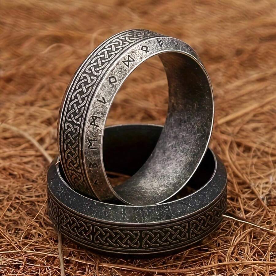 1 8mm Vintage Rune 316L Stainless Steel Ring - Complex Celtic Knot Design, Engagement And Wedding Jewelry For Men, Valentine's Day Gift, Anniversary, New Year's Eve, Men's Creative Gift, Men's Christmas Gift - Black - View 1