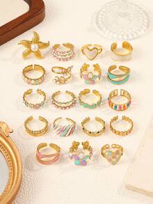 4/6/12/16pcs Stainless Steel 18K Gold Plated Mixed Pattern Rings Set, High Quality Resin Inlaid, Assorted Shapes, Adjustable Size, Suitable For Women Daily Decoration Or Gift - Yellow Gold - View 4