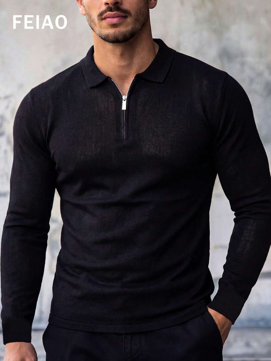 FEIAO 男士复古风老钱美学针织 Polo 衫，弹力舒适，休闲度假通勤时尚百搭设计 - 黑色 - 查看 1